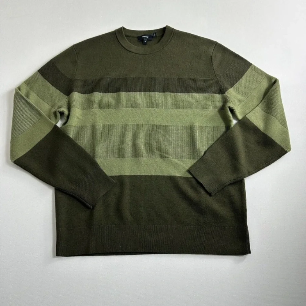 Theory Mens Kamren Striped Crewneck Novo Merino Sweater Green Casual XL